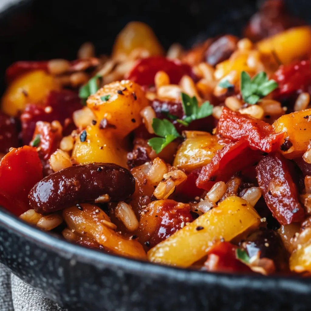 Vegetarische Reispfanne mit Kidneybohnen, Mais und Paprika